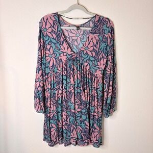 Boho Floral Salty Crew Long Sleeve Mini Dress V Neck Medium